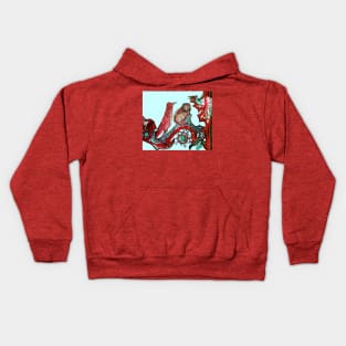 WEIRD MEDEVAL BESTIARY, CAT AND CUCKOO BIRD IN RED GREEN Kids Hoodie